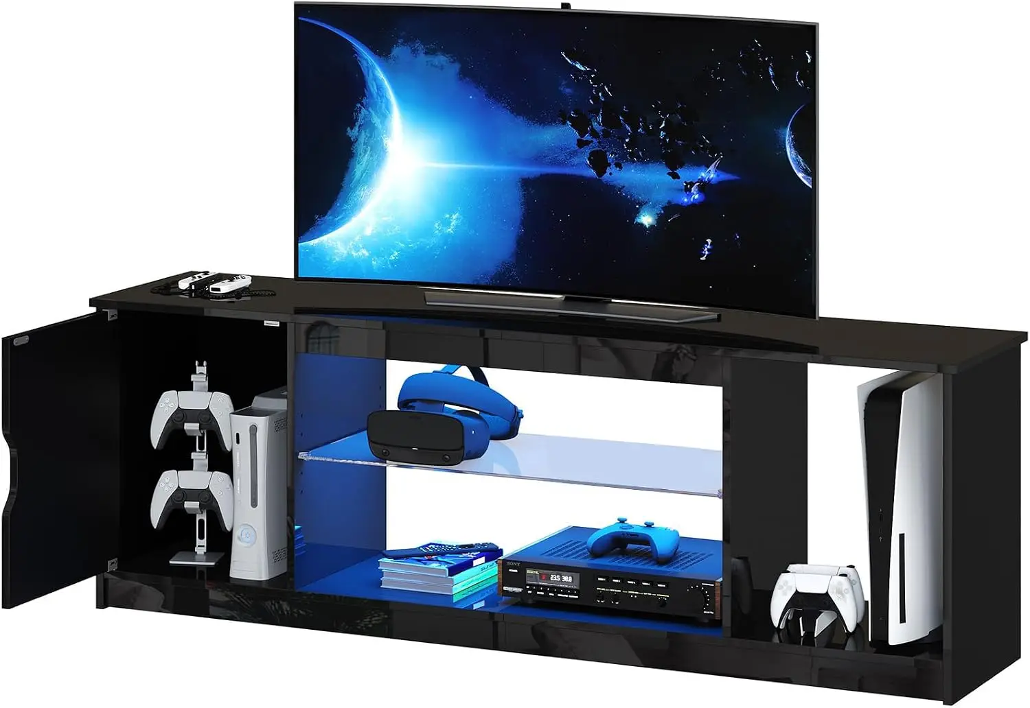 Gaming Console Tv Stand - 57인치 글로스 블랙 미디어 콘솔 -