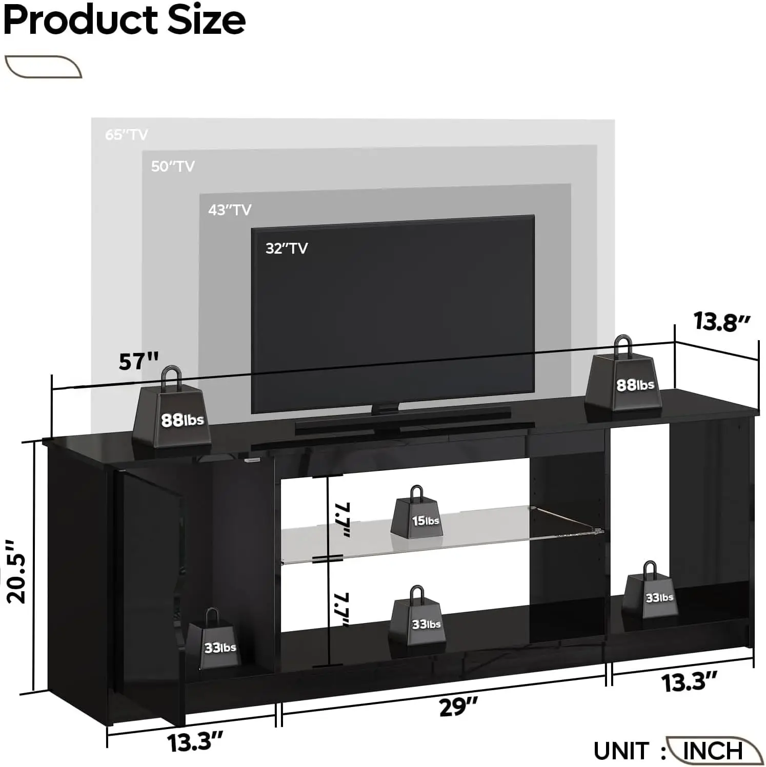 57인치 글로스 블랙 미디어 콘솔 - 65인치 TV용  - Gaming Console Tv Stand 리뷰 및 가격